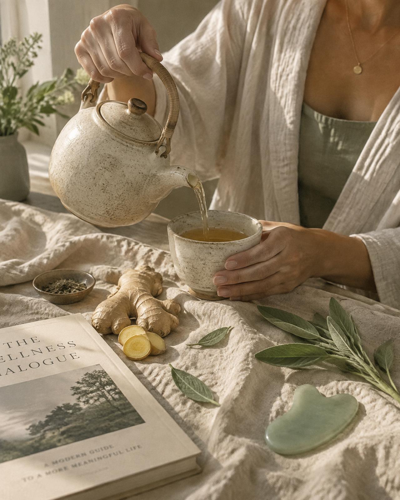 Hands pouring ginger tea into a ceramic cup beside fresh ginger, sage and a jade gua sha stone on linen